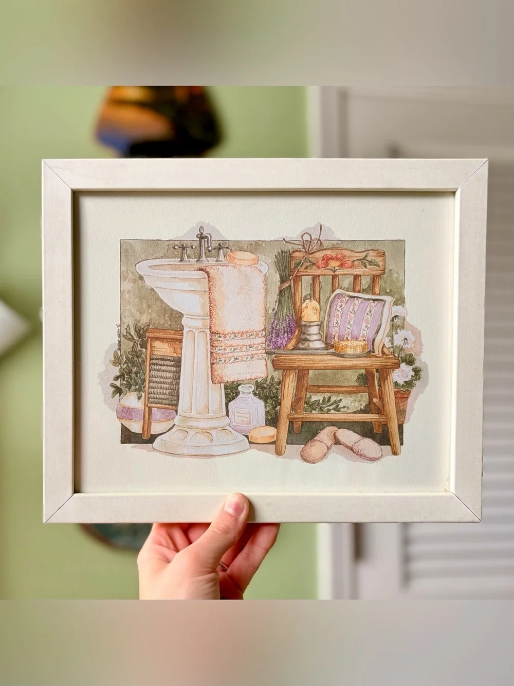 Framed Vintage Still Life Woman's Bathroom Scene Lavendar, Sink, Slippers